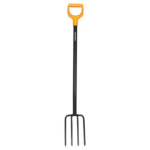 Image of Fiskars 1070673 Spade Fork for Hard, Stony Soils, with 4 Prongs, Length 120 cm, Steel Prongs/Plastic Handle, Black/Orange, Solid, Black/Orange