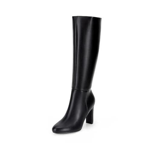 Image of DREAM PAIRS Women's Knee-High Boots, Comfortable Chunky Block Heel Pointed Toe Pull On Side Zipper Suede Slouch Riding Boots,Size 5,Black-Pu,SDKB2415W