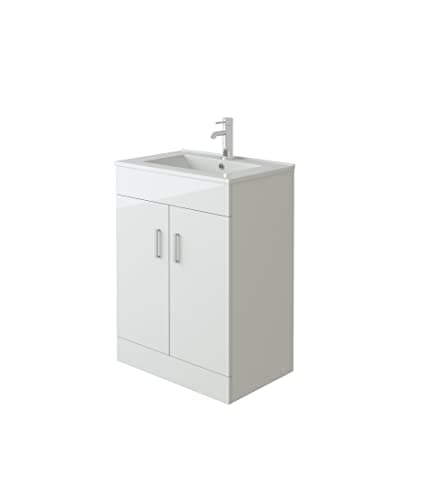 Image of VeeBath Sphinx High Gloss White Free Standing Basin Vanity Cabinet Unit & Rectangular Sink - 600mm