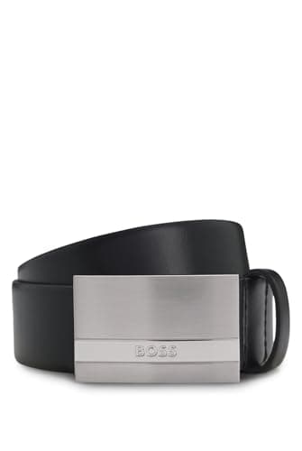 Image of BOSS Mens Baxton Sz35 Italian-leather belt with logo-plaque buckle