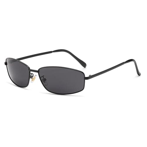 Image of Long Keeper Trendy Wrap Style Y2K Metal Sunglasses for Women Men Small Rectangle Tinted Sunglasses Full Rim Cool 2000s Y2K Fashion Shades Anti-UV400 (Black Frame - Dark Grey Lens)