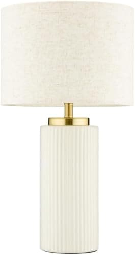 Image of New Ribbed White Table Lamp Elegant & Contemporary Table lamp Ceramic Base Capped with Gold Large Circular Shade can cast a Glow About Your Space in The Evenings.