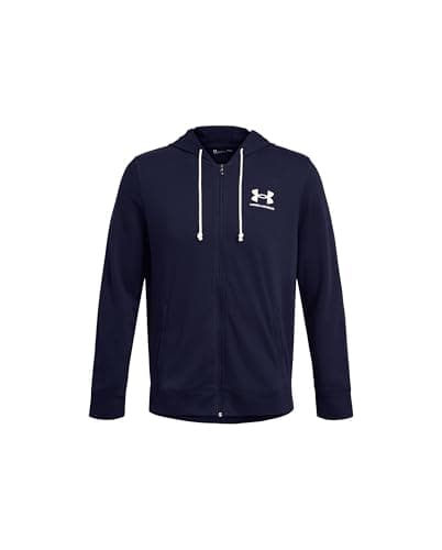 Image of Under Armour Men's Rival Terry Left Chest Full Zip, Lightweight Men's Gym Top with Zip, Comfortable Sports Top for Warm-Ups and Training,Midnight Navy / / Onyx White,MD