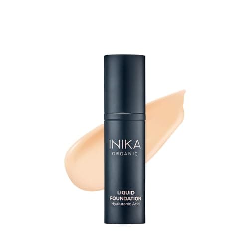 Image of INIKA Organic Full Coverage Liquid Foundation Makeup with Hyaluronic Acid and Argan Oil, Vegan and Organic Foundation for Skin Elasticity and Plumpness, Natural Coverage, Cream, 30ml