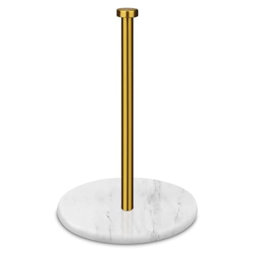 Image of Paper Towel Holder Countertop with 18cm Weighted Marble Base Modern Standing Paper Roll Holder with Stainless Steel Stand, Paper Towel Holder for Kitchen and Bathroom (White and Gold)