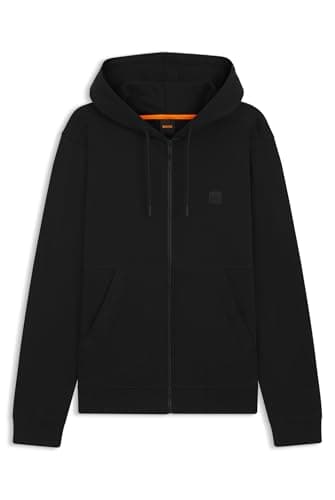 Image of BOSS Mens Zetalky Cotton-terry zip-up hoodie with tonal logo patch Black