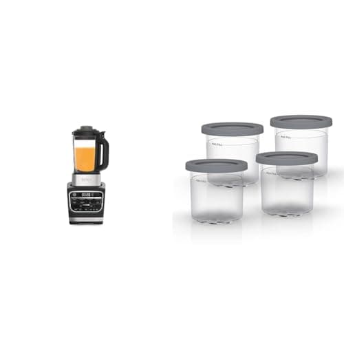 Image of Ninja Foodi Blender & Soup Maker, 10 Auto-iQ Programs, 1.7L Glass Jug, Hot & Cold Blender, 1000W, Black HB150UK & Dessert Tubs - Pack of 4 [XSK4PINTEUUK] Official Accessory, Grey/Clear