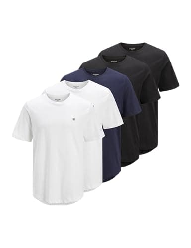 Image of JACK & JONES Men’s Cotton T-Shirt – 5-Pack (2 White, 2 Black, 1 Navy) – Regular Fit Crew Neck Short Sleeve – Embroidery & Curved Hem – Soft & Breathable Fabric – Everyday Casual Wear (Size - L)
