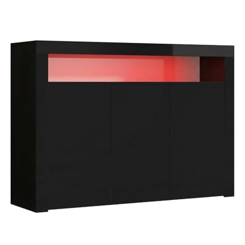 Image of Panana High Gloss 3 Door Sideboard Cupboard with LED Lights Large Display Cabinet Storage Unit for Living Room Bedroom (Black)