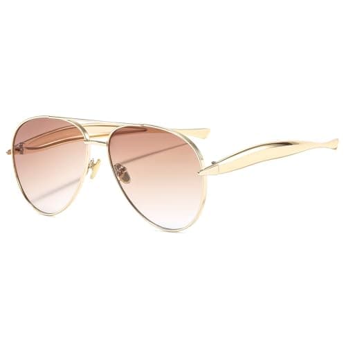 Image of YAMEIZE Retro Oversized Sunglasses for Women Men 70s Pilot Gold Sunglasses Oversized Double Bridge Metal Big Frame Trendy Sun Glasses UV400