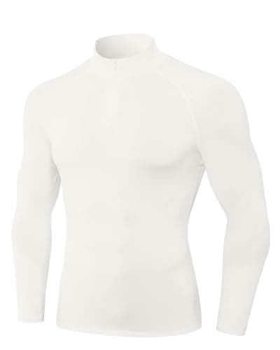 Image of Yuerlian White Thermal Tops for Men Long Sleeve Base Layer T Shirts Half Zip Pullover Winter Gear Golf Ski Workout Fleece Tops for Sports Running Cycling Cold Weather