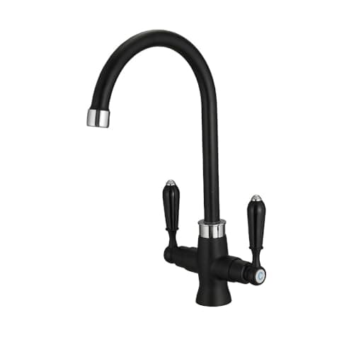 Image of Heable Matte Black Kitchen Sink Mixer Tap Elegant Ceramic Dual Lever Monobloc Swivel Spout Kitchen Taps with UK Standard Fittings