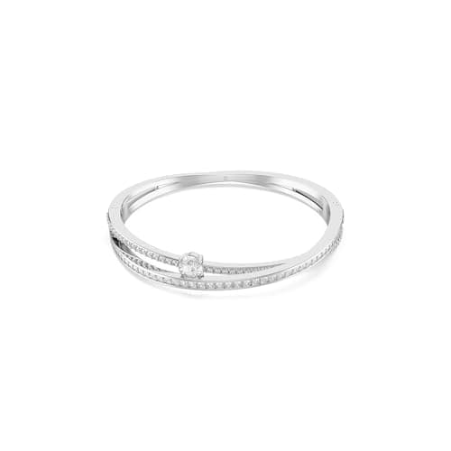 Image of Swarovski Hyperbola Bangle Bracelet, Overlapping Design with Clear Crystals and Oval-Cut Centre Stone in a Rhodium-Finished Setting, Size M, Part of the Hyperbola Collection