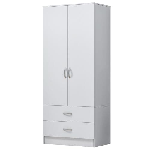 Image of Nera 2 Door Wardrobe with Drawers 76cm Wide Wardrobe for Bedroom Shelves and Hanging Rail Soft Close Hinges Storage Cabinet (Matt White)
