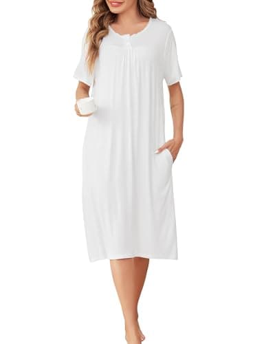 Image of Sopesil Women's Nightdress Short Sleeve Nighties for women V Neck Soft Button Down Classic Ladies Nightgowns Sleepwear Ladies Nightwear, White, M