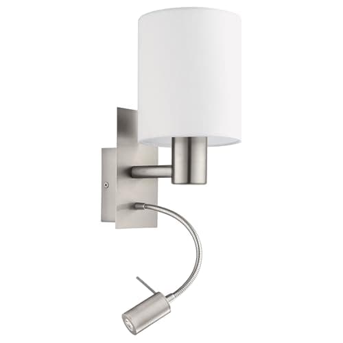 Image of Eglo Pasteri LED Wall Light, Nickel Matt Steel and White Fabric Wall Lamp, E27 Socket, incl. Switch and Flexible Reading Lighting