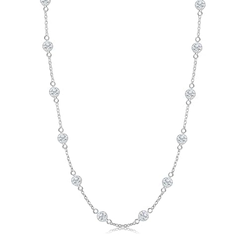 Image of LeCalla 925 Sterling Silver Jewelry Italian Design Round Cubic Zirconia CZ Station Necklace Cable Chain Statement Necklace for Women 20 Inches