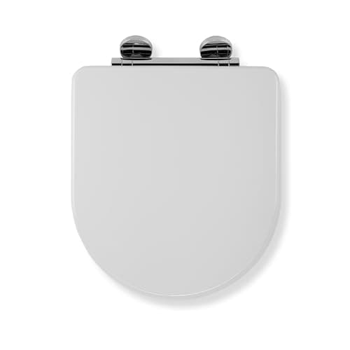 Image of Croydex Garda Flexi-Fix D Shape Soft Close Toilet Seat - Quick Release Button for Easy Cleaning and Adjustable Hinges with Top and Bottom Fixings Included, Antibacterial Treated Surface (White Wood)