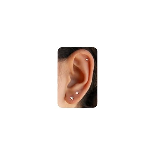 Image of PRTGL Flat Back Earrings - 14k White Gold Plated 3 Pairs Tiny Silver Star Flat Back Stud Earrings Ear Stacks Cartilage Jewellry Set for Women