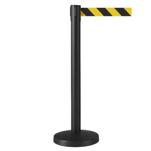 Image of Retractable 3m Belt Barriers Single Pack - Heavy-Duty Steel Stanchion, Concrete Base for Queue & Crowd Control - Freestanding Durable Retractable Safety Barrier (Black/Yellow Tape, Black Frame)