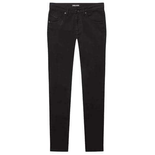 Image of 883 Police Men's Slim Fit Jeans: Metal Wing Badge & Leather Waistband Patch - Stretch Cotton Denim Trousers for Stylish & Casual Wear (Sizes 28-40) Black