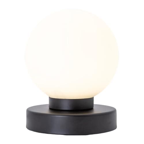 Image of Happy Homewares Contemporary and Chic Opal Glass Globe Table Lamp with Matte Black Metal Round Base | 1 x 7w E14 | 16cm x 13cm