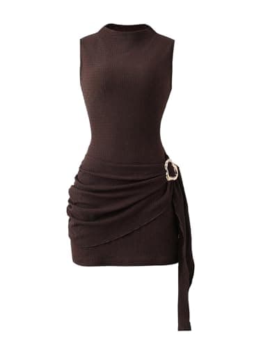 Image of GORGLITTER Women's Ruched Metal Ring Knit Tank Dresses Mock Neck Bodycon Mini Elegant Party Club Dress Brown Large