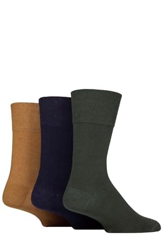 Image of IOMI SOCKSHOP Footnurse Men’s Gentle Grip Diabetic Socks, Plain Socks in Sizes 6-11 and 12-14 with Seamless Toes and Wider Cuff for Extra Comfort, Multipack of 3 Pairs Ochre/Navy/Khaki 12-14