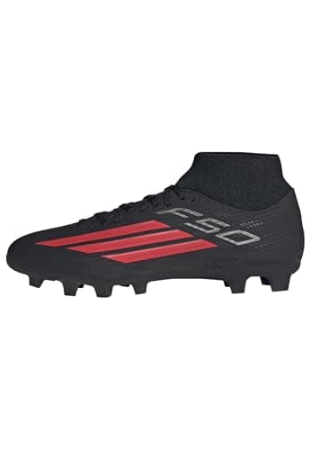 Image of adidas Unisex F50 Club Mid Cut Firm Ground/Multi Ground Football Boots, core Black/Lucid red/core Black, 11 UK