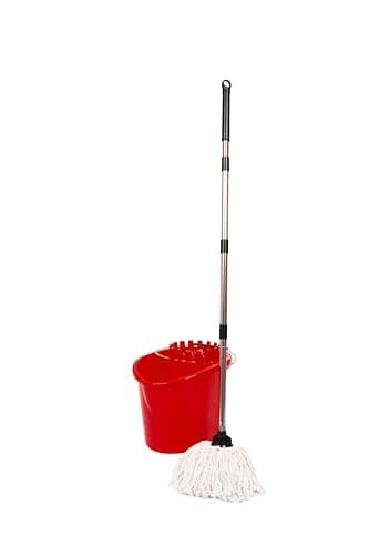 Image of Requisite Needs Professional Mop and Bucket Set Heavy Duty with Wringer and Two Traditional Cotton Mop Heads for Cleaning Floors –Mop Bucket Capacity 16L with Pouring Lip (Red)