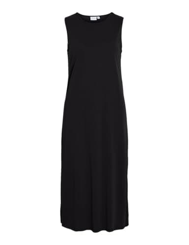 Image of Vila VIModala Women's Midi Dress O-Neck Simple Strappy Dress with Leg Slit, Black, XXL