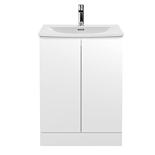 Image of Hudson Reed URB108G Urban Modern Bathroom Floor Standing 2 Soft Close Doors Vanity Unit with Round Ceramic Basin with 30mm Profile, 600mm, Satin White