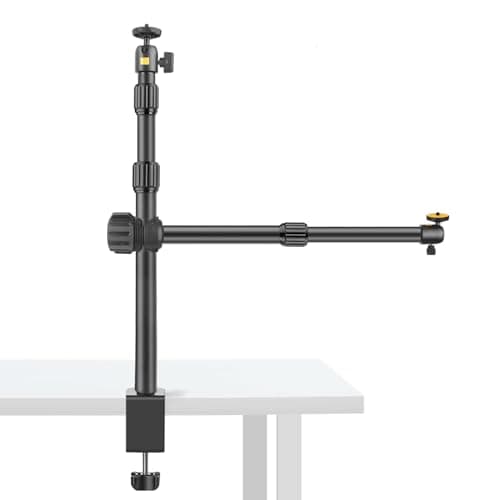 Image of JEBUTU OS03 Overhead Camera Mount, 37.5-83cm Adjustable Camera Desk Mount with Overhead Boom Arm, Desk Tripod with C-clamp, Phone Clamp & 2 Pieces 1/4" Ball Heads for Webcam, YouTube, Live Stream