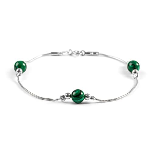 Image of HENRYKA 925 Sterling Silver & Malachite Gemstone Bracelet | Boho Style Snake Chain Beaded Bracelet | Unique Summer & Holiday Fashion Accessory for Teenage Girls & Women
