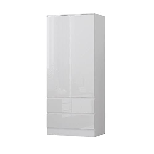 Image of FWStyle White Gloss 2 Door 2 Drawer Combination Wardrobe with Matt White Frame, Modern Scandinavian No Handle Design, Soft Close Hinges, Hanging Rail, W80 x D50 x H181cm