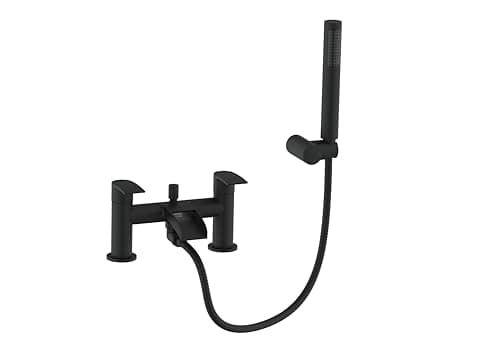 Image of VeeBath Stream Round Waterfall Bath Shower Mixer Tap – Matt Black Finish Double Lever, Deck Mounted Bathroom Tap, Includes Round Showerhead & Kit, Modern Bath Mixer Tap with G3/4" BSP Inlet