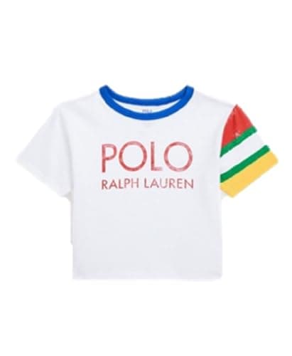 Image of Ralph Lauren POLO short graphic tee white multicolour crop top Girls 4T 4 Years