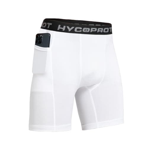 Image of HYCOPROT 1 or 3 Pack Mens Compression Shorts with Phone Pockets Spandex Sports Underwear Athletic Performance Base Layer Shorts Quick-Drying Workout Running Active Tights （White, L）