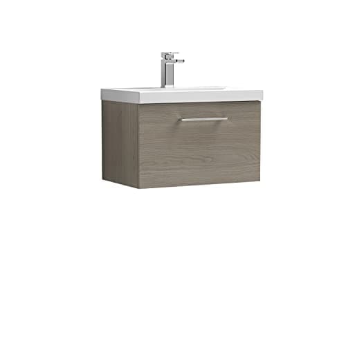 Image of nuie ARN2522A Arno Modern Bathroom Wall Hung 1 Drawer Vanity Unit with Mid-Edge Ceramic Basin, 600mm, Woodgrain Solace Oak