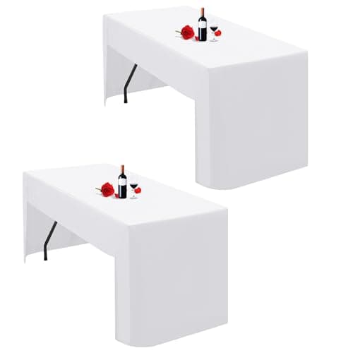 Image of Lumaycens 2 Pack White Tablecloth Open Back Fitted Tablecloth for 6ft Folding Table Washable Polyester Fabric White Table Cloth Table Cover for Trade Craft Show Display Party Wedding Events