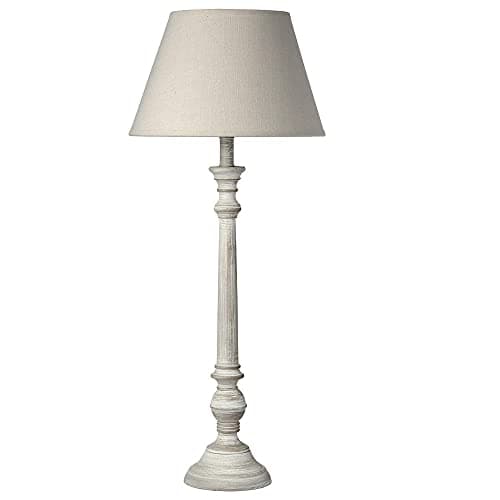 Image of Grey Washed Wood Vintage Rustic Candlestick Table Lamp with Linen Fabric Tapered Shade | 60cm Height | 1 x SES E14 Lamp Bulb Required | UK Approved | in-Line On Off Switch | Wooden Lathe Turned