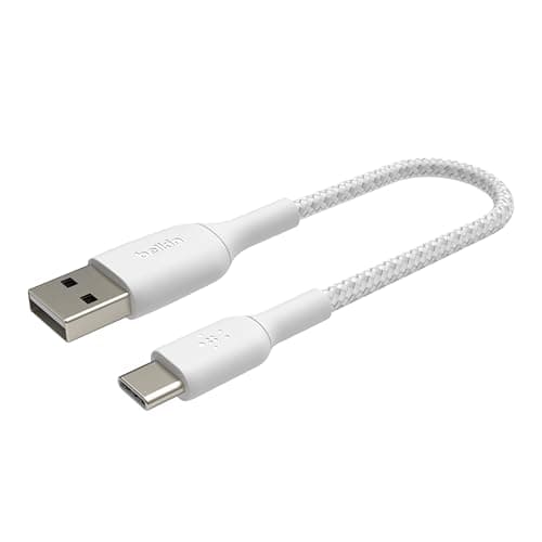 Image of Belkin BoostCharge Braided USB C charger cable, USB-C to USB-A cable, USB type C charging cable for iPhone 16, 15, Samsung Galaxy S24, S23, Pixel, iPad, MacBook, Nintendo Switch and more - 15cm, White