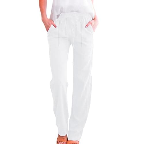 Image of Womens Trousers White Cotton Linen Pants Solid Color Casual Summer Trousers Drawstring Elastic Waist Long Pants with Pockets Lightweight Comfy High Waisted Straight Leg Bottoms for Beach Holiday