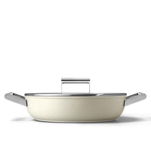 Image of Smeg 50’s Style Non-Stick Deep Pan, Suitable for All Cooktops, Oven Proof, Tempered Glass Lid, Made in Italy, 28cm, Matte Cream, DPF2812CRM