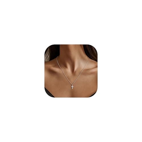 Image of Roheafer Solid 925 Sterling Silver Cross Necklace for Women, Dainty 14K Gold Plated Small Cross Pendant Necklace, Christian Baptism Religious Faith Gift(Silver)