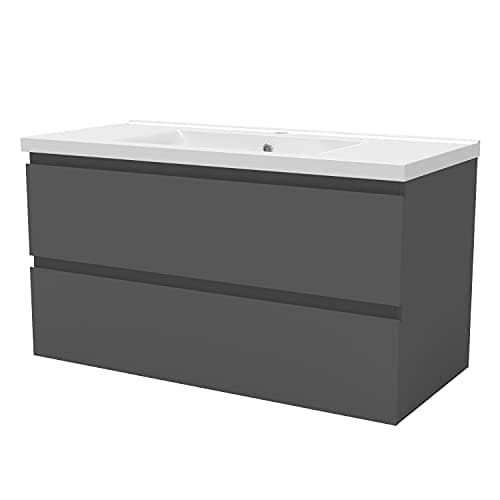Image of Acezanble 1000mm Bathroom Vanity Unit With Wash Basin Ceramic Sink, 2 Drawers, High Gloss Grey, Wall Hung Cabinets, Cloakroom Storage Furniture Under Basin Cabinet