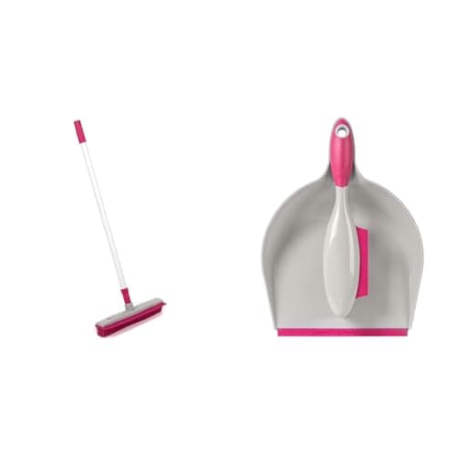 Image of Kleeneze Rubber Bristle Broom & Dustpan and Brush Set – Floor & Surface Cleaning, With Squeegee Edge, Telescopic Broom Handle, Non-Scratch Sweeping For Pet Hair, Dust, Dirt, Spills, Pink
