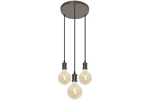 Image of 4lite Indoor Vintage 3-Way Circular Plate Pendant Ceiling Light (Blackened Silver) Light with 1.5m Adjustable Cable & 3X 640lm E27 G125 LED Smart Amber Coated Filament Bulb- 4L1/7016-4Yr Guarantee