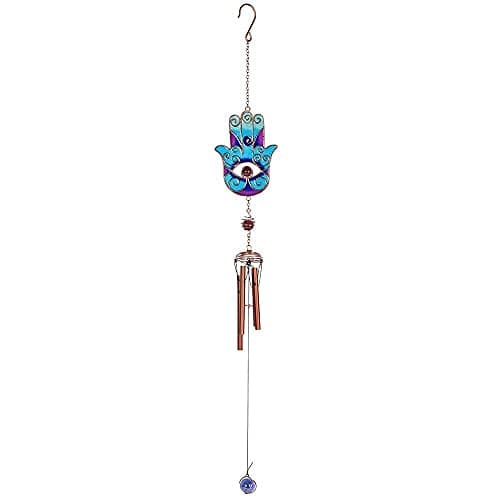 Image of Vibrant Blue Metal Hand of Hamsa Windchime - 73cm x 9cm (1 Pc.) - Delightful Exterior Ambiance & Unique & Enchanting Gift Idea - Ideal for Home Decor
