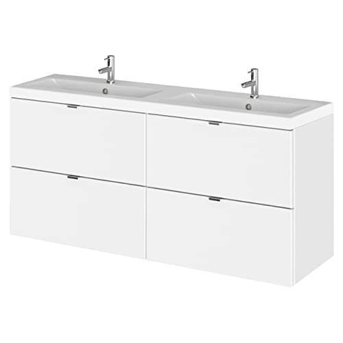 Image of Hudson Reed CBI132A Fusion Modern Bathroom 4 Drawer Wall Hung Vanity Unit and Full Depth Double Ceramic Basin, 1200mm, Gloss White